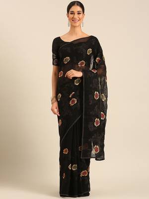 Black chiffon swarovski work saree with matching blouse piece 1