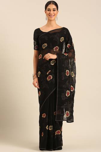 Black chiffon swarovski work saree with matching blouse piece