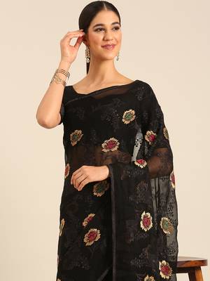 Black chiffon swarovski work saree with matching blouse piece 2