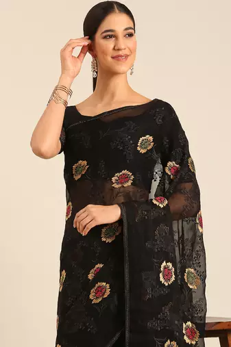 Black chiffon swarovski work saree with matching blouse piece