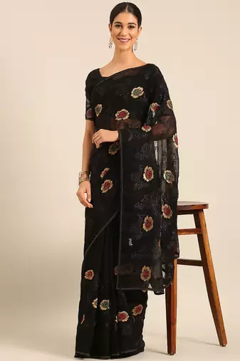 Black chiffon swarovski work saree with matching blouse piece