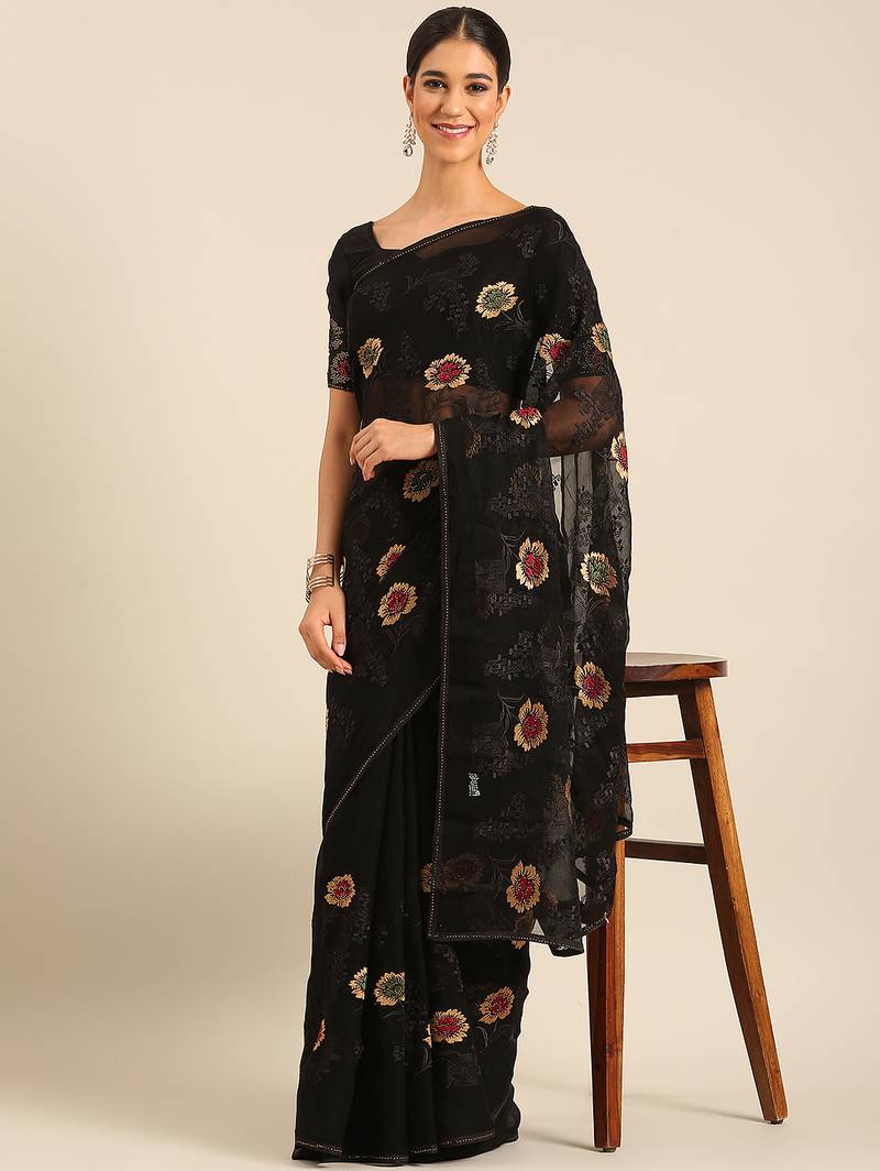 Black chiffon swarovski work saree with matching blouse piece