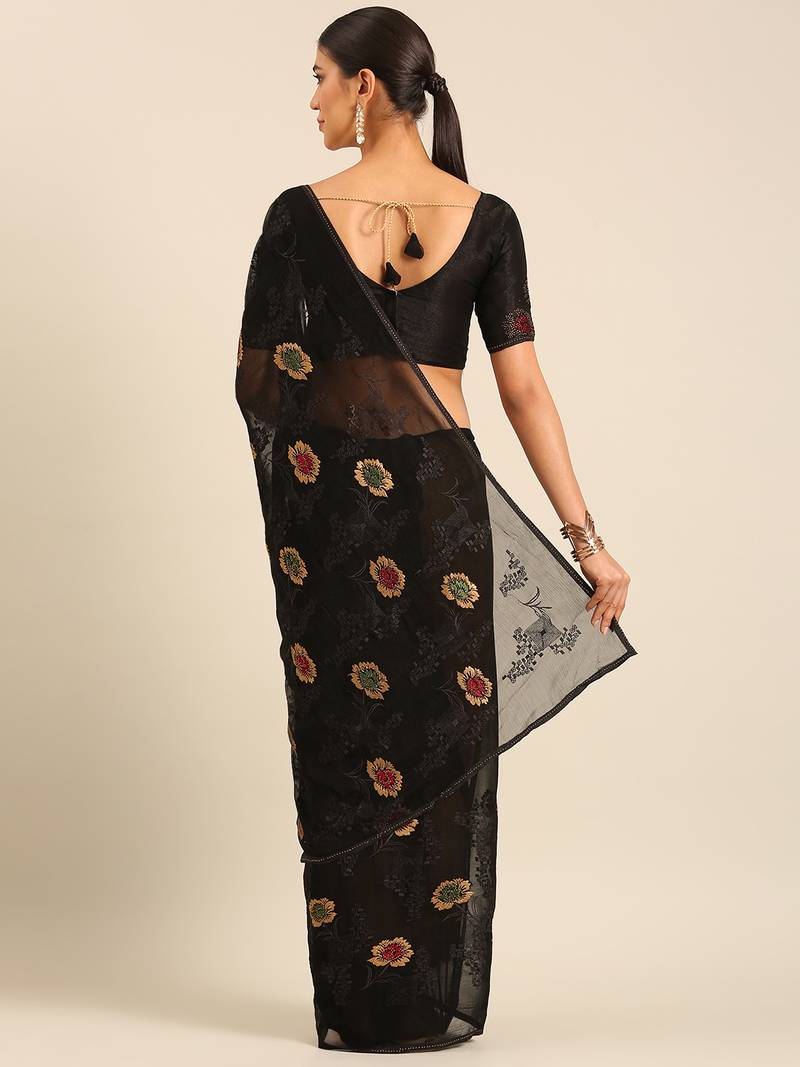 Black chiffon swarovski work saree with matching blouse piece