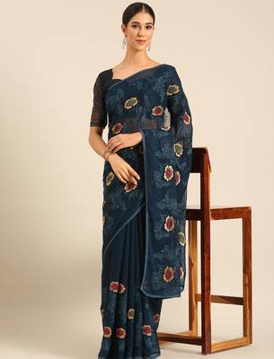 Blue chiffon swarovski work saree with matching blouse piece 1