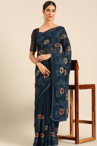 Blue chiffon swarovski work saree with matching blouse piece
