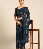 Blue chiffon swarovski work saree with matching blouse piece