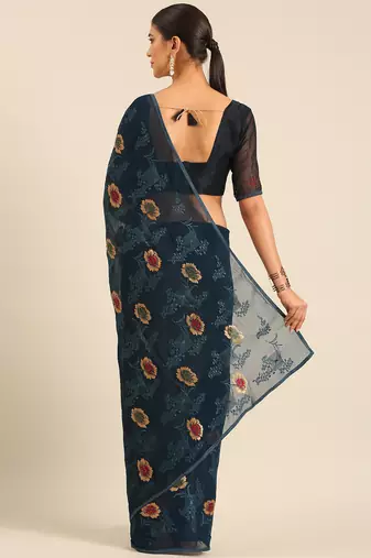 Blue chiffon swarovski work saree with matching blouse piece
