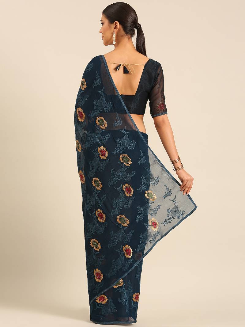 Blue chiffon swarovski work saree with matching blouse piece