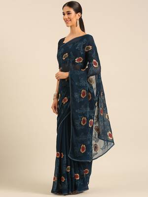 Blue chiffon swarovski work saree with matching blouse piece 3
