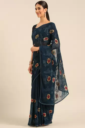Blue chiffon swarovski work saree with matching blouse piece