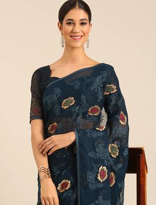 Blue chiffon swarovski work saree with matching blouse piece 4