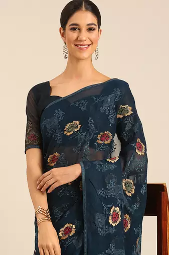Blue chiffon swarovski work saree with matching blouse piece