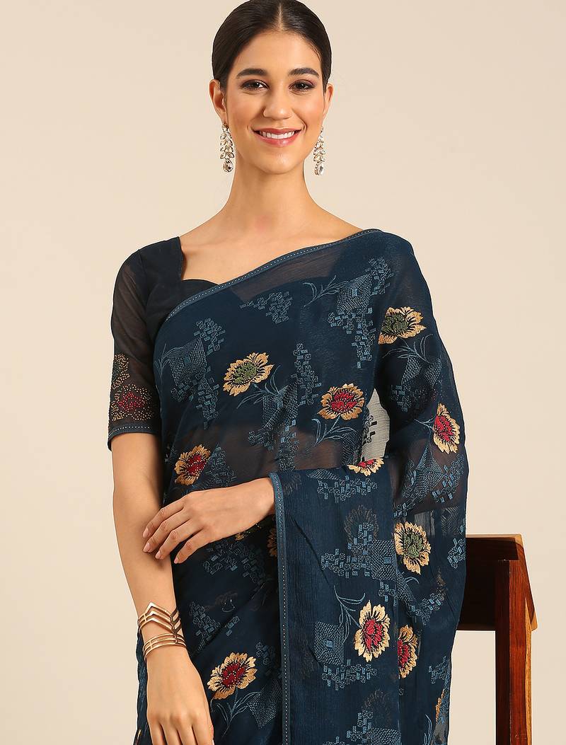 Blue chiffon swarovski work saree with matching blouse piece
