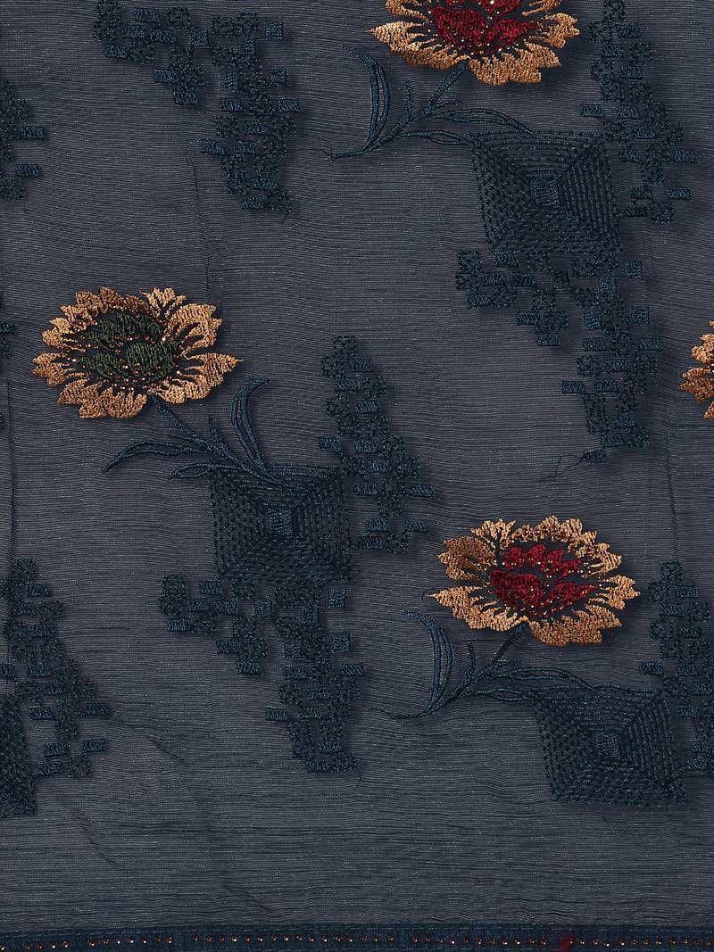 Blue chiffon swarovski work saree with matching blouse piece