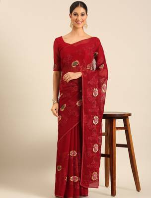 Maroon chiffon swarovski work saree with matching blouse piece 1