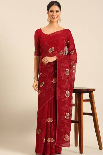 Maroon chiffon swarovski work saree with matching blouse piece