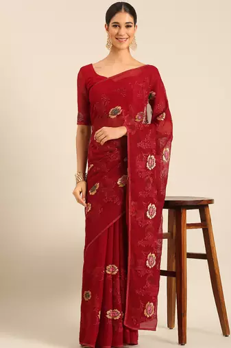Maroon chiffon swarovski work saree with matching blouse piece