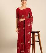 Maroon chiffon swarovski work saree with matching blouse piece
