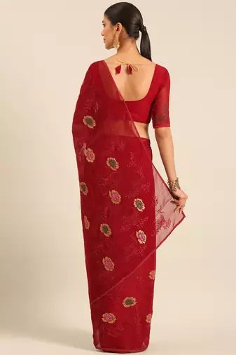 Maroon chiffon swarovski work saree with matching blouse piece