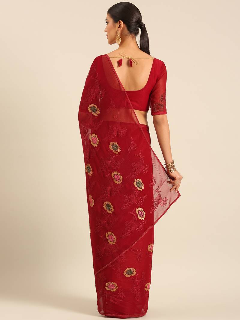 Maroon chiffon swarovski work saree with matching blouse piece