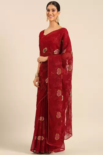 Maroon chiffon swarovski work saree with matching blouse piece