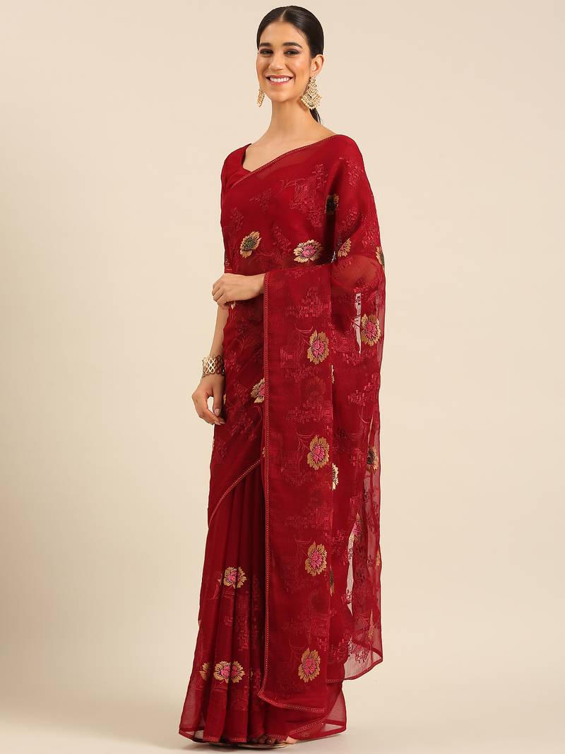 Maroon chiffon swarovski work saree with matching blouse piece