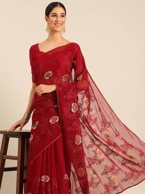 Maroon chiffon swarovski work saree with matching blouse piece 4