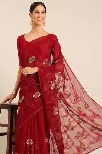 Maroon chiffon swarovski work saree with matching blouse piece