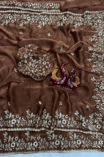 Brown Color Sequence Embroidery Work Frendy Chiffon Saree