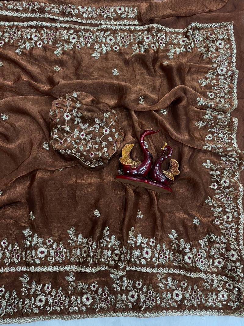 Brown Color Sequence Embroidery Work Frendy Chiffon Saree