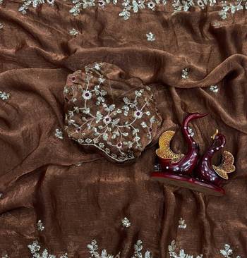 Brown Color Sequence Embroidery Work Frendy Chiffon Saree 2