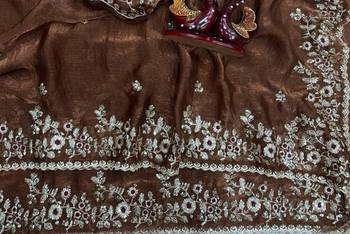 Brown Color Sequence Embroidery Work Frendy Chiffon Saree 3
