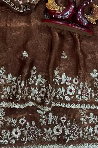 Brown Color Sequence Embroidery Work Frendy Chiffon Saree