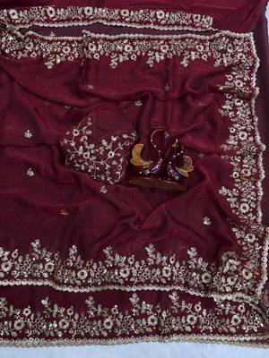 Maroon Color Sequence Embroidery Work Frendy Chiffon Saree 1