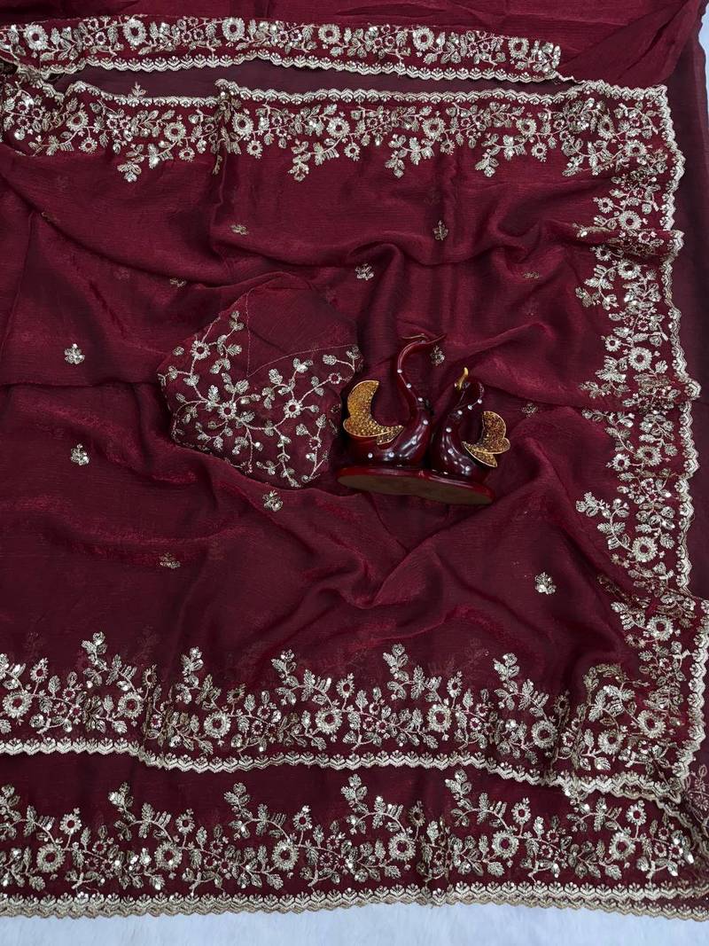 Maroon Color Sequence Embroidery Work Frendy Chiffon Saree