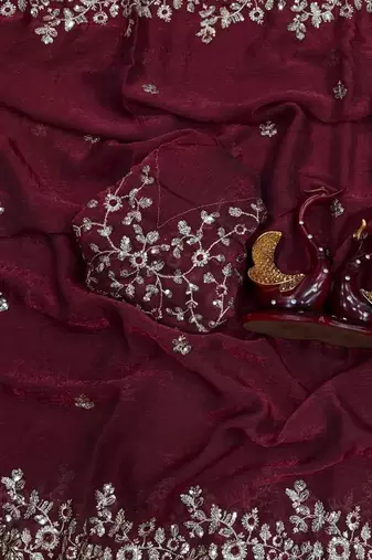 Maroon Color Sequence Embroidery Work Frendy Chiffon Saree