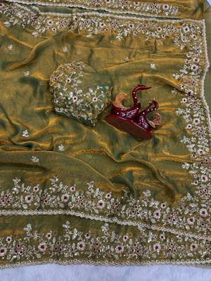 Olive Color Sequence Embroidery Work Frendy Chiffon Saree 1