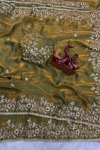 Olive Color Sequence Embroidery Work Frendy Chiffon Saree