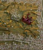 Olive Color Sequence Embroidery Work Frendy Chiffon Saree