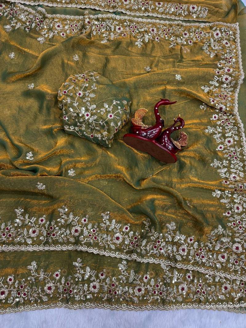 Olive Color Sequence Embroidery Work Frendy Chiffon Saree