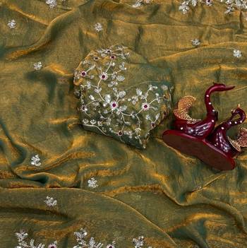 Olive Color Sequence Embroidery Work Frendy Chiffon Saree 2