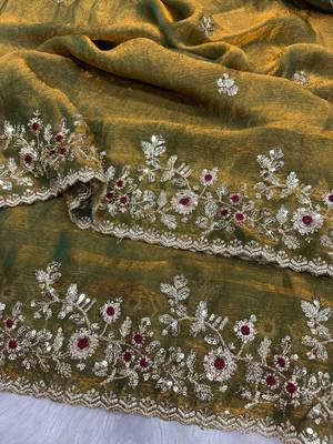 Olive Color Sequence Embroidery Work Frendy Chiffon Saree 3