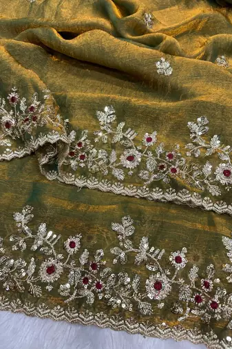 Olive Color Sequence Embroidery Work Frendy Chiffon Saree