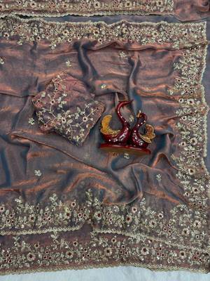 Onion Pink Color Sequence Embroidery Work Frendy Chiffon Saree 1