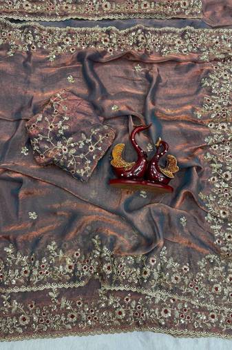 Onion Pink Color Sequence Embroidery Work Frendy Chiffon Saree
