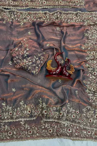 Onion Pink Color Sequence Embroidery Work Frendy Chiffon Saree