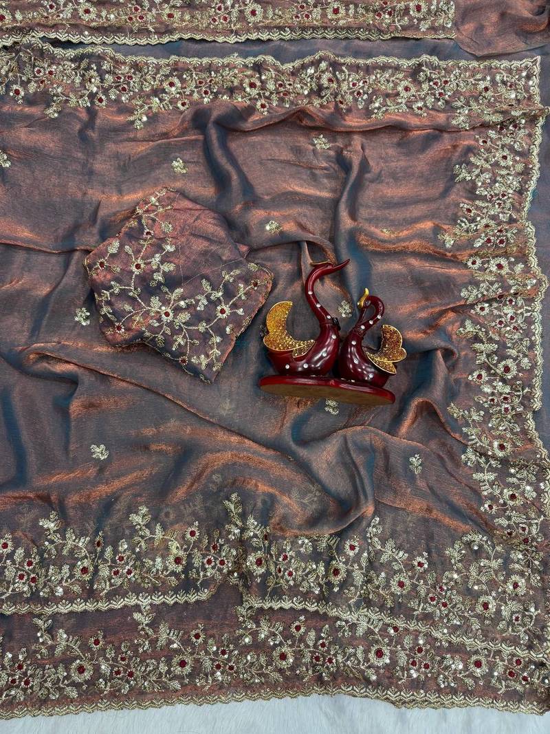 Onion Pink Color Sequence Embroidery Work Frendy Chiffon Saree