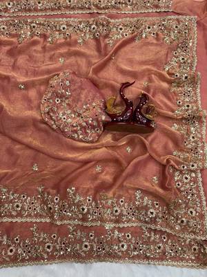 Peach Color Sequence Embroidery Work Frendy Chiffon Saree 1