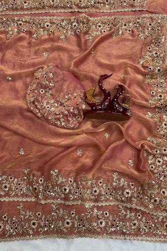 Peach Color Sequence Embroidery Work Frendy Chiffon Saree