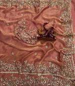 Peach Color Sequence Embroidery Work Frendy Chiffon Saree